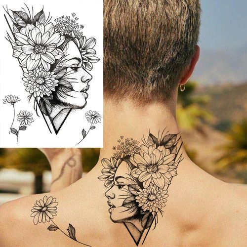Tatouages Temporaires 3d À Fleurs Noires Pour Femmes Et Filles Faux Autocollant Rose Pivoine Lune Loup Renne Art De La Poitrine 