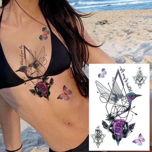 Tatouages Temporaires 3d À Fleurs Noires Pour Femmes Et Filles Faux Autocollant Rose Pivoine Lune Loup Renne Art De La Poitrine 
