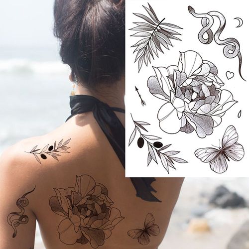 Tatouages Temporaires 3d À Fleurs Noires Pour Femmes Et Filles Faux Autocollant Rose Pivoine Lune Loup Renne Art De La Poitrine 