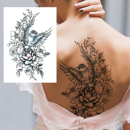 Tatouages Temporaires 3d À Fleurs Noires Pour Femmes Et Filles Faux Autocollant Rose Pivoine Lune Loup Renne Art De La Poitrine 