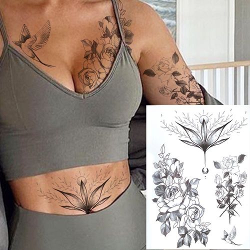 Tatouages Temporaires 3d À Fleurs Noires Pour Femmes Et Filles Faux Autocollant Rose Pivoine Lune Loup Renne Art De La Poitrine 