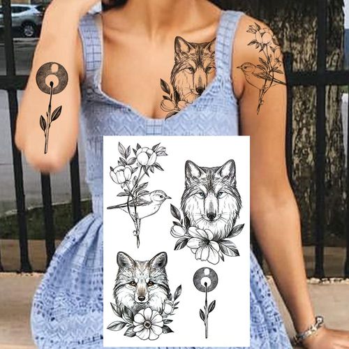 Tatouages Temporaires 3d À Fleurs Noires Pour Femmes Et Filles Faux Autocollant Rose Pivoine Lune Loup Renne Art De La Poitrine 