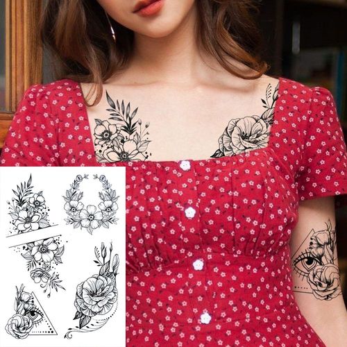 Tatouages Temporaires 3d À Fleurs Noires Pour Femmes Et Filles Faux Autocollant Rose Pivoine Lune Loup Renne Art De La Poitrine 