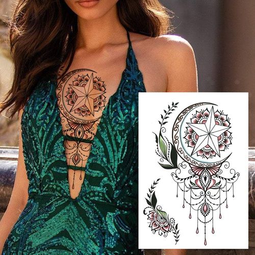 Tatouages Temporaires 3d À Fleurs Noires Pour Femmes Et Filles Faux Autocollant Rose Pivoine Lune Loup Renne Art De La Poitrine 