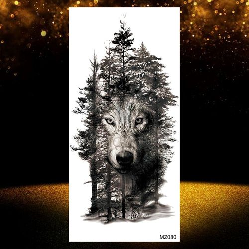Autocollant De Tatouages Temporaires Imperméables Pour Adultes Pâte De Tatouage Visage De Loup Noir Géométrique Art Corporel Cool Femmes Et Hommes Filles 
