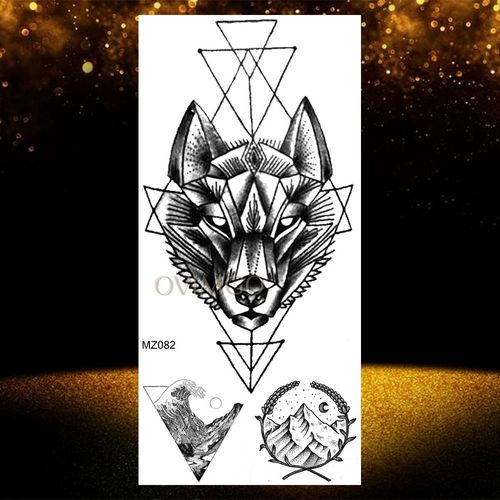 Autocollant De Tatouages Temporaires Imperméables Pour Adultes Pâte De Tatouage Visage De Loup Noir Géométrique Art Corporel Cool Femmes Et Hommes Filles 