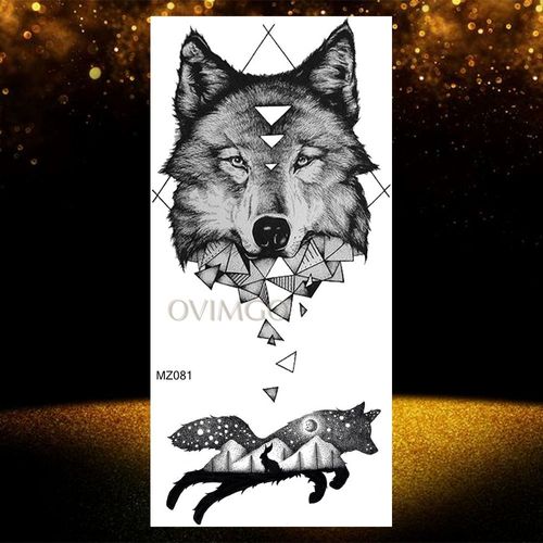 Autocollant De Tatouages Temporaires Imperméables Pour Adultes Pâte De Tatouage Visage De Loup Noir Géométrique Art Corporel Cool Femmes Et Hommes Filles 