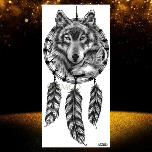 Autocollant De Tatouages Temporaires Imperméables Pour Adultes Pâte De Tatouage Visage De Loup Noir Géométrique Art Corporel Cool Femmes Et Hommes Filles 