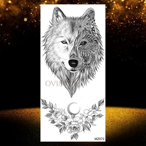Autocollant De Tatouages Temporaires Imperméables Pour Adultes Pâte De Tatouage Visage De Loup Noir Géométrique Art Corporel Cool Femmes Et Hommes Filles 