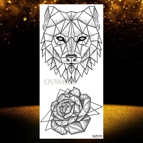 Autocollant De Tatouages Temporaires Imperméables Pour Adultes Pâte De Tatouage Visage De Loup Noir Géométrique Art Corporel Cool Femmes Et Hommes Filles 