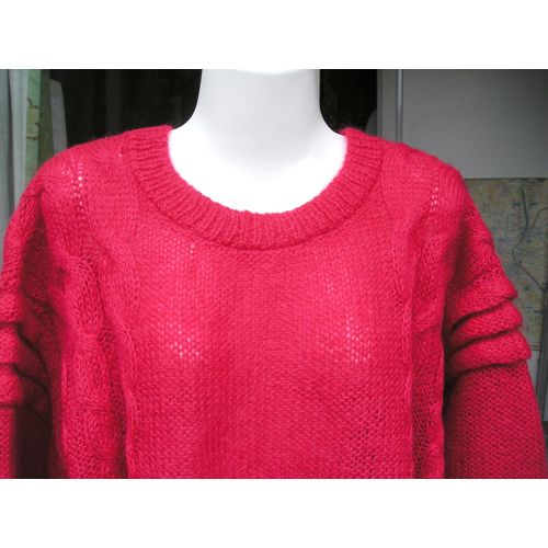 Pull Neuf D'un Rouge Éclatant, Tricote Main, Taille 38