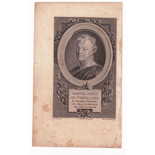 Gravure 1784 Portrait Prosper Jolyot De Crébillon Dijon Côte D'or Auteur Dramatique Théâtre François Robert Ingouf