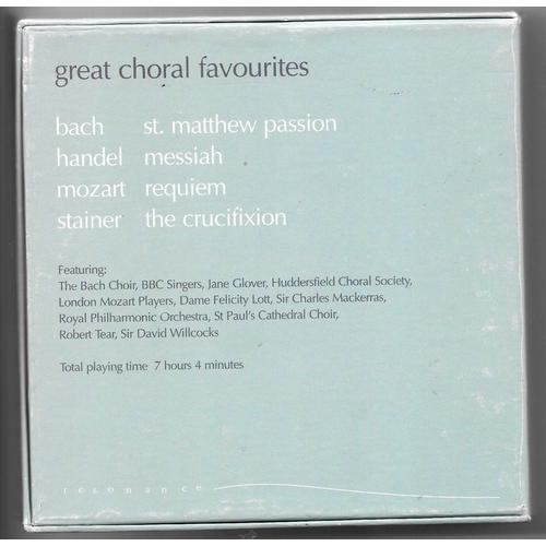 Bach Passion Selon Saint Matthieu Haendel Messie Mozart Requiem Sir John Stainer The Crucifixion Par The Tames Chamber Dir David Willcocks Royal Charles Mackerras Choir Stanley Vann London Jane Glover