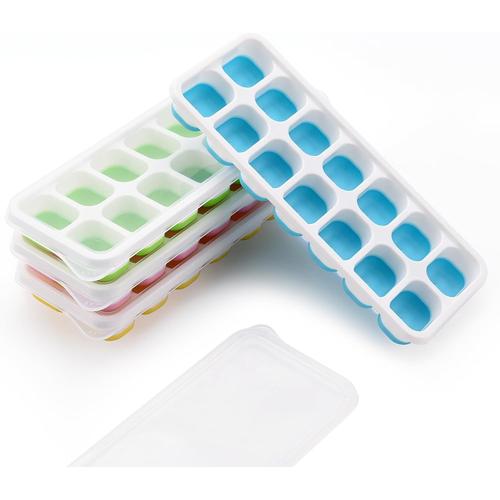 Lot De 4 Bacs À Glaçons En Silicone Avec Couvercle - Aqsacokiya - Sans Bpa - Pour Bouillie De Bébé, Whisky, Fruits - 4 Couleurs