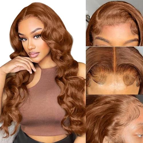 Perruque Femme Naturelle Brésilien 13x4 Body Wave Brun Clair #4 Perruque Cheveux Humain 180 Density Human Hair Wig Hd Lace Front Wig Peruque Naturel Humaine Light Brown 16 Pouces