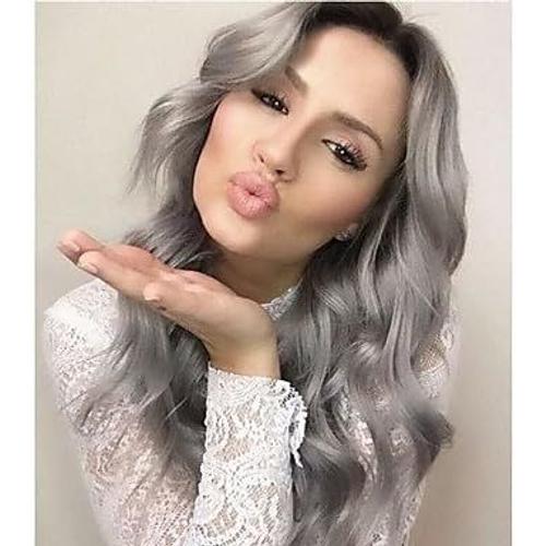 Noir/Gris Femme Synthétique Lace Front Perruque Long Loose Wave Noir/Gris Avec Cheveux De Bébé Naturel Perruques Party Perruque Costume Perruque