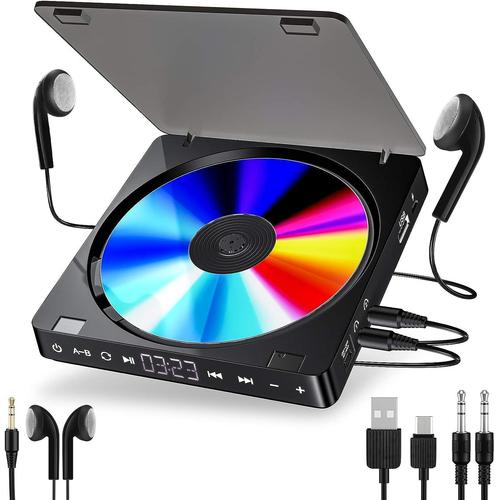 Noir Noir Lecteur CD Portable Rechargeable Personnelle Lecteur MP3 CD avec Double écouteurs 3,5 mm Femelle Disc Walkman avec Protection