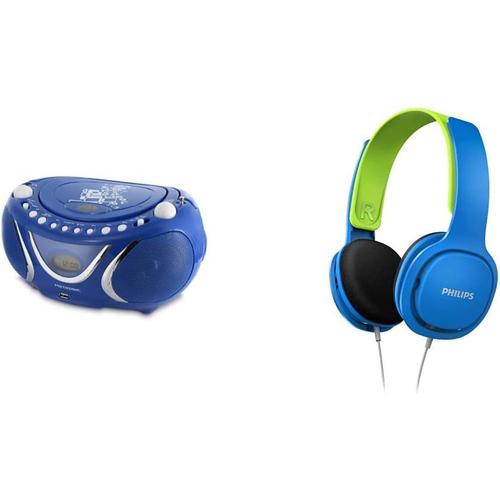 Bleu Bleu 477132 Radio/Lecteur CD / MP3 Portable Square avec Port USB - Bleu Foncé & Philips Audio Shk2000Bl/00 Casque pour Enfant,