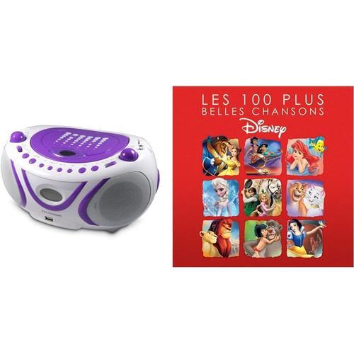 Violet et blanc Violet et blanc 477112 Radio/Lecteur CD / MP3 Portable Pop Purple avec Port USB - Violet & Les 100 Plus Belles Chansons Disney
