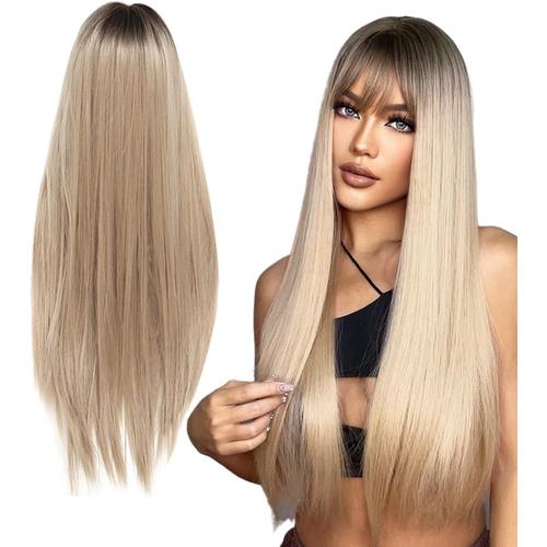 Ombre Blonde Perruque Blonde, Perruque Longue Et Droite, Avec Une Frange D'aspect Naturel De Longs Cheveux Blonds Lisses Synthétique Résistant Pour 70cm