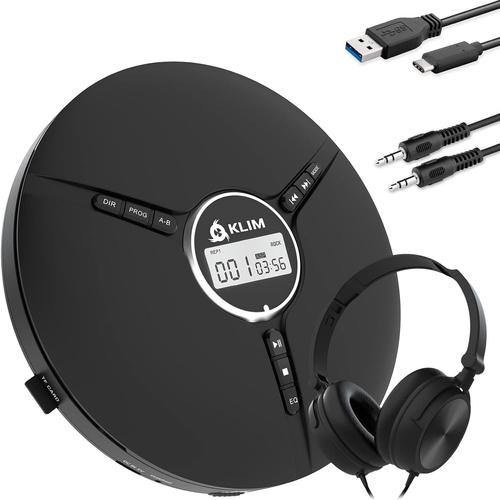 Noir Noir Discman avec Casque – Lecteur CD Portable avec Casque Audio - Batterie Intégrée - NOUVEAUTé 2024 - Baladeur Lecteur CD pour