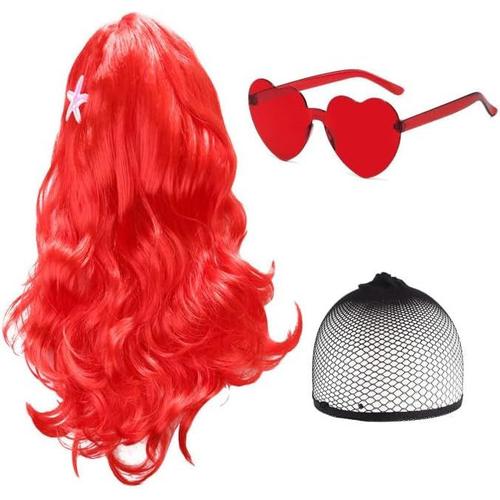 Rouge Perruque Rouge Femmes Filles Longues Bouclés Ondulés Cheveux Perruques Avec Lunettes De Soleil, Déguisement Sirène Perruques Costume Princesse Accessoires Perruques Sirène Cosplay (Rouge)