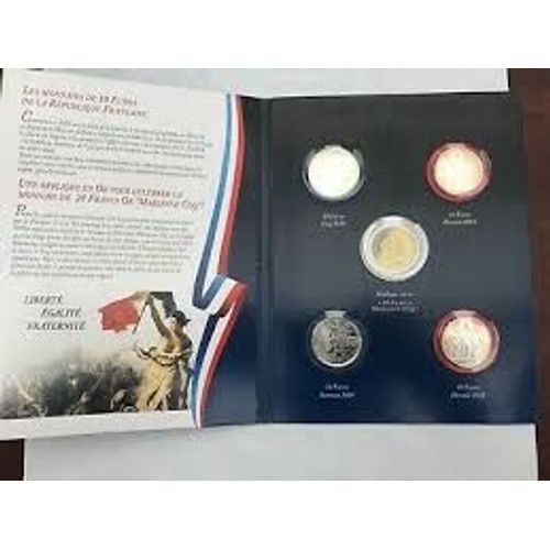 Coffret Vide Les Symboles Monétaires De La République Française Pour Ranger 5 Monnaies : 10 Euros Semeuse 2009, 10 Euros Hercule 2012 Et 2013, 10 Euros Coq 2014 Et Réplique 20 Francs Or Marianne Coq.