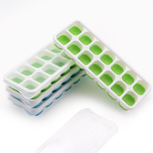 Lot De 4 Bacs À Glaçons En Silicone Avec Couvercle - Aqsacokiya - Sans Bpa - Pour Bouillie De Bébé, Whisky, Fruits - Vert Et Bleu