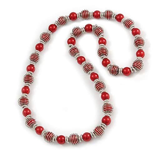 collier de perles en verre rouge pour femmes avec un élément métallique en  fil d'argent - longueur de 70 cm