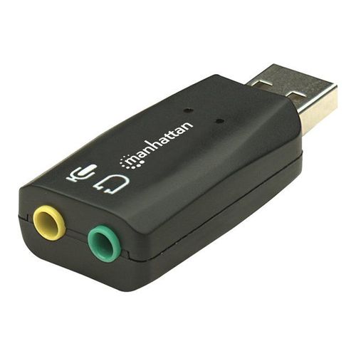 Manhattan USB-A Sound Adapter, USB-A to 3.5mm Mic-in and Audio-Out ports, 480 Mbps (USB 2.0), supports 3D and virtual 5.1 surround sound, Hi-Speed USB, Black, Three Year Warranty, Blister - Carte...