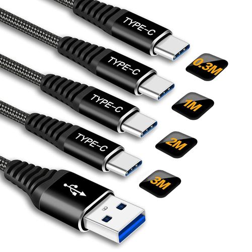 Câble USB C Charge Rapide[0.3M+1M+2M+3M/Lot de 4],Cable Chargeur USB Type C pour Samsung Galaxy Note 10 9 8 A70 A50,S10 S9 S8 S20 S21 5G 21,Huawei,Sony,LG,Xiaomi,Cordon USB C Nylon Tressé - Noir