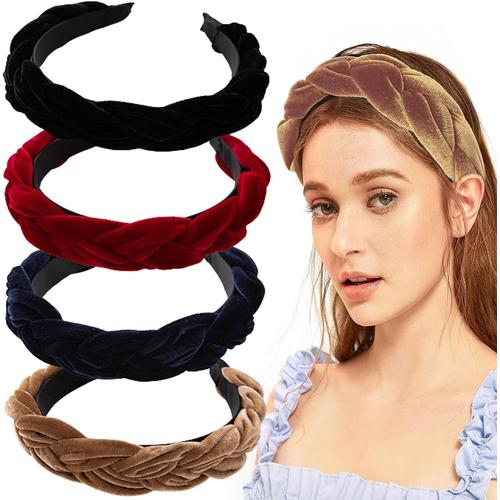 Bandeau Cheveux Serre Tête Tressé en Velours 4 Pièces Vintage Larges Épais Cheveux Serre-Têtes en Tissu Headband Bandeaux avec N?uds Cheveux Accessoires de Coiffure pour Femmes et Filles