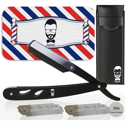 Noir Rasoir À Barbe Coupe Choux |20 Demi-Lames Etui Cuir De Transport |Kit Manuel Professionnel Barber Visage Classique Entretien A Main Précision Vintage Traditionnel Coiffeur Homme 