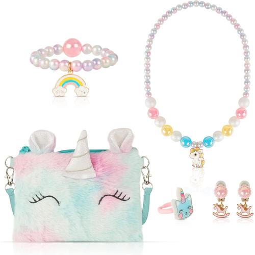 B Bijoux Enfants Filles Unicorn Sac À Main Collier Bracelet Boucles D'oreilles Bague Set, Princesse Bijoux Cadeaux Fête Déguisement Accessoire