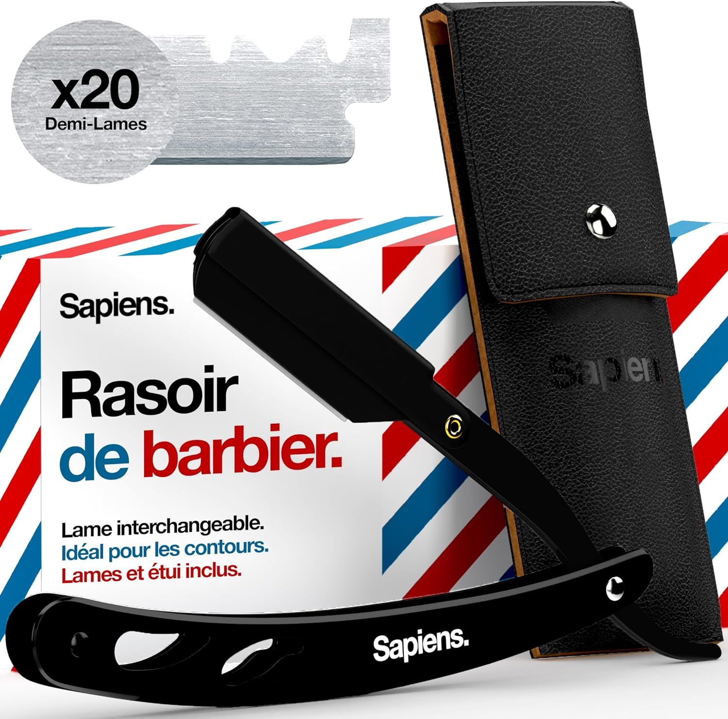 Rasoir Barbier Barbershop Rasoir Barbe Homme - Rasoir Coupe Choux Barbe + 20 Demi-Lames De Rasoir Derby + Pochette De Transport - Rasoir De Barbier À Lame Interchangeable - Straight Razor