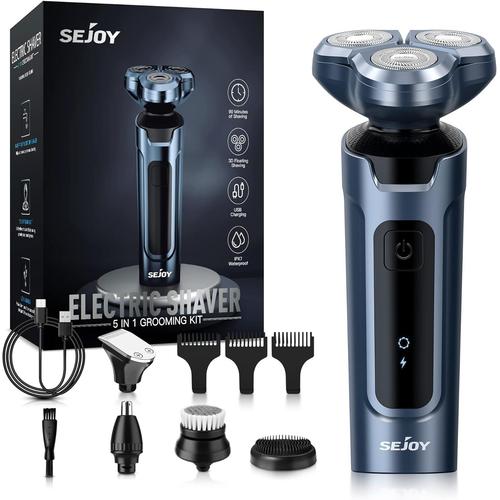 Bleu Rasoir Electriques Hommes, 5 En 1 Rasoir Barbe Pour Cheveux Cil De Nez, Rotatif Rasoirs Électriques Homme, Ipx7 Étanche, 3d Tête Flottante Bleu, Idéal Cadeau Pour Papa Mari