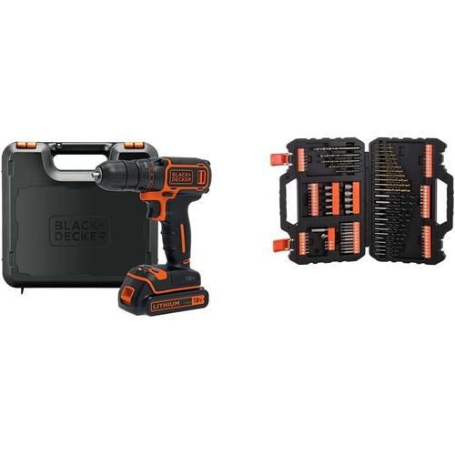 Orange Perceuse Visseuse Sans Fil 18 V Li-Ion avec Chargeur - Inclus 1 Batterie 1,5 Ah Livrée en Coffret - Pour le Metal, le Bois et Taches de Visage & Coffret de perçage et vissage-109 pièces