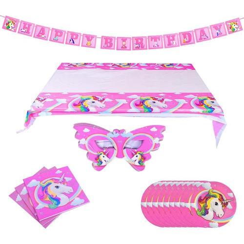 Rose Fantastique Kit Anniversaire Licorne Fille Vaisselle Lot de 65 Kit Vaisselle Jetable Anniversaire Licorne Assiette Carton Nappe Serviette Bannière pour Anniversaire Fille Décoration Fête Licorne