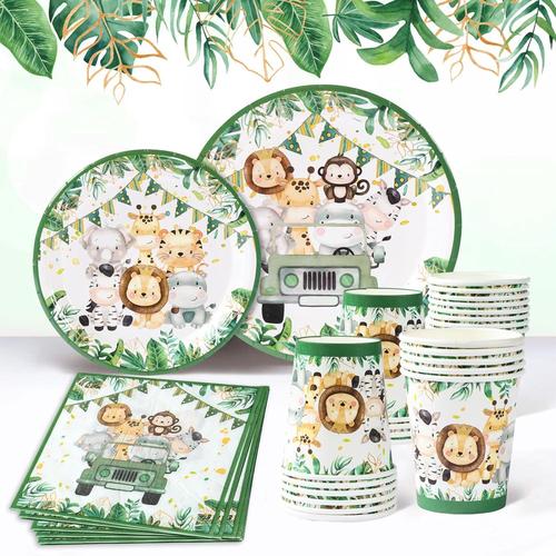 Vert Kit Assiette Jetable Anniversaire, Animaux de la Jungle Vaisselle avec Serviette Papier, Assiettes, Gobelet Carton, Vaisselle et Arts de la Table pour Bapteme, Baby Shower, Deco Anniversaire