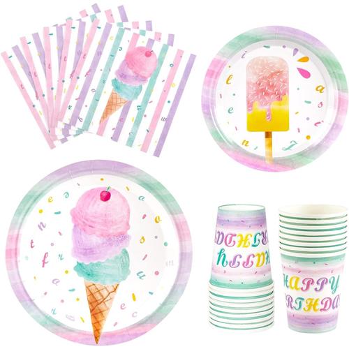 Crème Glacée Crème Glacée Assiettes Serviettes Et Coupes - Crème Glacée Thème Articles De Fête Pour Les Filles Anniversaire Vaisselle Vaisselle Dessert Assiettes Déjeuner 16 Personnes 64 Pcs