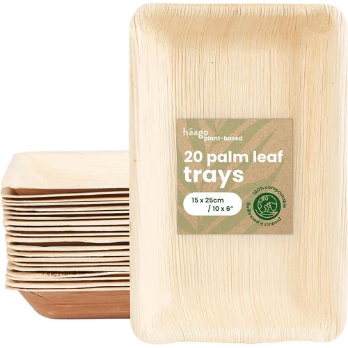 20 Plateaux en Feuilles de Palmier (15x22cm, Rectangulaire) Compostables et Jetables - Pique-nique et Plein Air - Congélation et Four à Micro-ondes