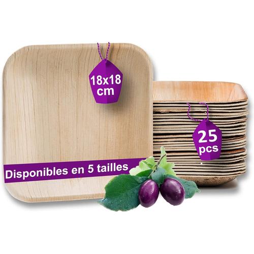 Naturelle Assiette Palmier Bio - 25 Assiettes Carrées 18x18 cm ¿ Vaisselle Jetable de Qualité Supérieure - Stable, Naturelle et écologique ¿ Assiettes Anniversaire