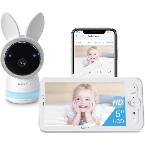Baby3t 2K Babyphone Caméra 3MP, 5 Moniteur Vidéo pour bébé PTZ 355°, Caméra Surveillance Bébé WiFi avec VOX, Audio Bidirectionnel, Vision Nocturne, Veilleuse, Berceuses, Suivi Automatique, Alertes