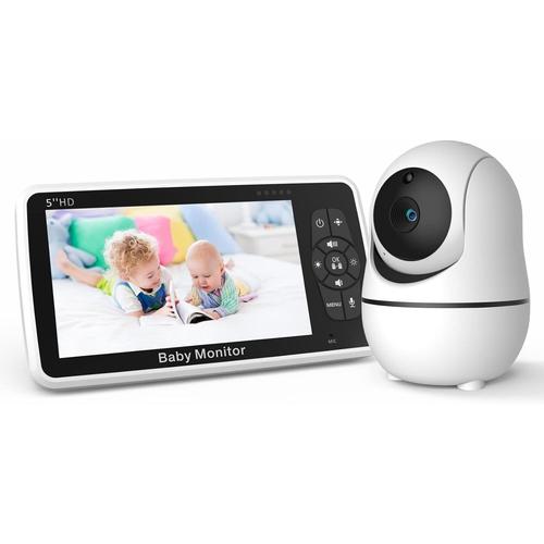 Blanc Babyphone Camera Avec Caméra Video, Écran 5 À Vision Nocturne Automatique, Moniteur Hd 720p Sans Wifi, Batterie 4000mah, Autonomie Jusqu'à 22 Heures