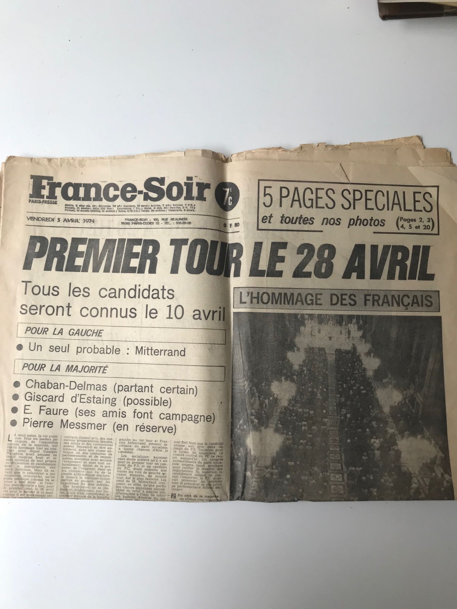 France Soir 5 Avril 1974 : Premier Tour Le 28 Avril / L'hommage Des Français / Pompidou Orvilliers