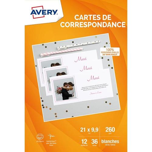 Avery 36 Cartes De Correspondance Blanches Personnalisables À Bords Lisses 210x99mm