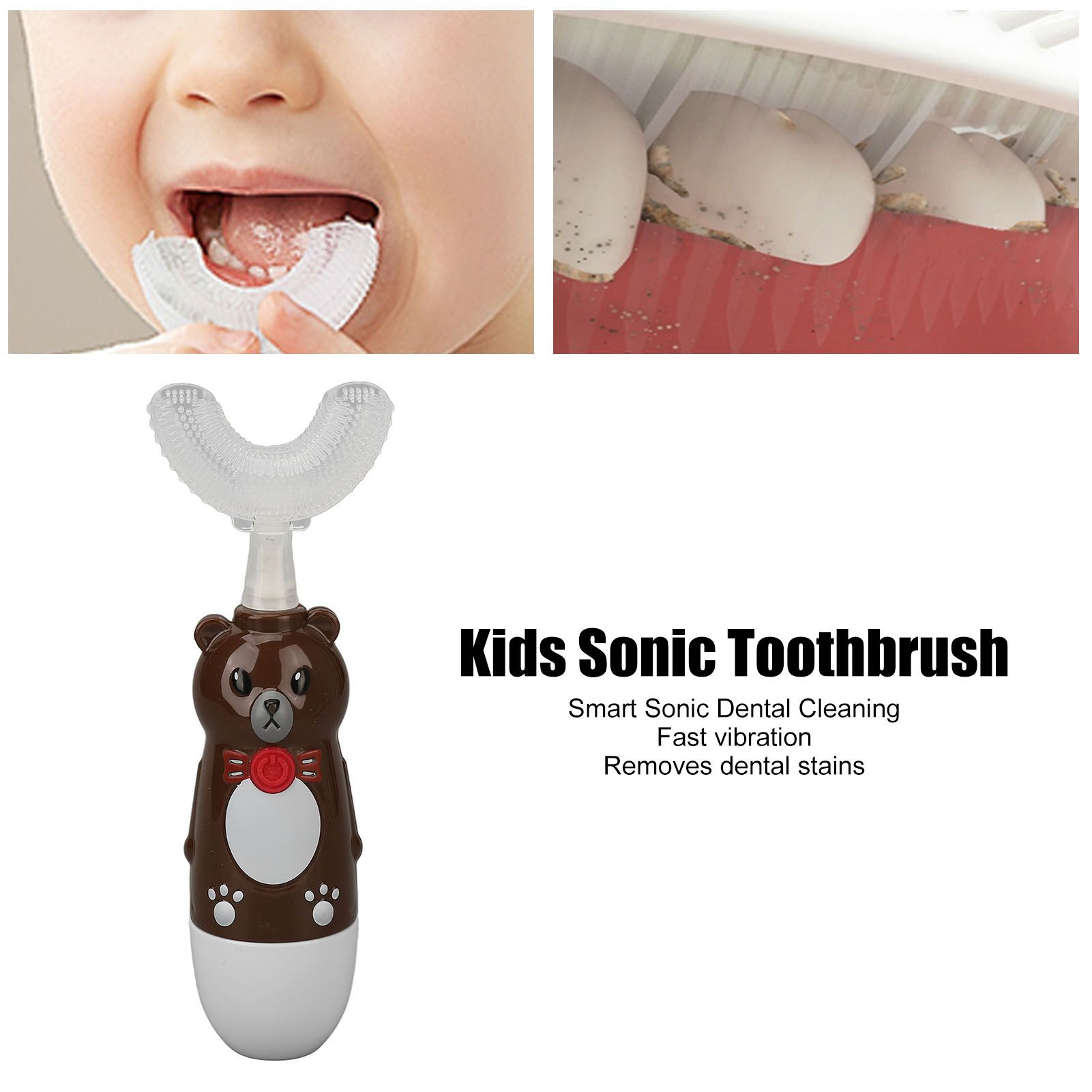 Brosse à Dents éLectrique Pour Enfants, Brosse à Dents Sonique En Silicone En Forme De U Avec 3 TêTes De Brosse Pour Enfants De 6 à 12 Ans Marron