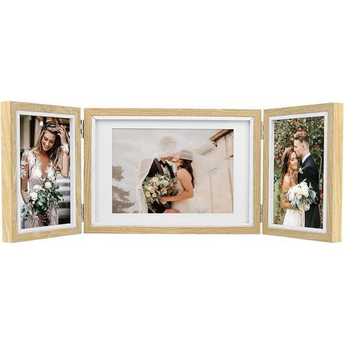 Lot de 2 cadres photo en bois pour 3 photos - Avec vitre en verre - Pour mariage, famille, bébé - Marron clair - 2 pièces de 10 x 15 cm + 1 pièce 13 x 18 cm (couleur bois)