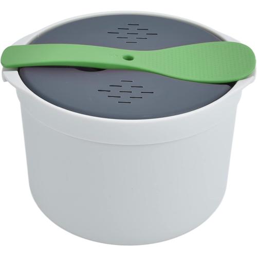 Cuiseur à Riz Micro Ondes, 2 L Pâtes Alimentaire Microwave Rice Cooker PP Autocuiseur Cuillère Couvercle Passoire Antiadhésif Pot Vapeur Cuire Conserver Céréales Couscous Légumes Légumineuses Vert