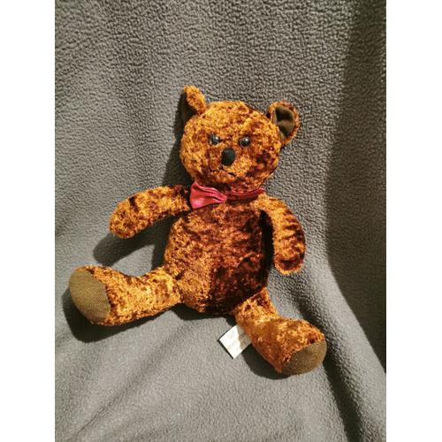 Doudou Peluche Ours Marron Assis Noeud Satin Rouge Lbp Magnet